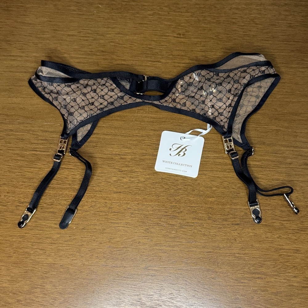 Honey Birdette Black and Tan Monogram Garter Belt Angela